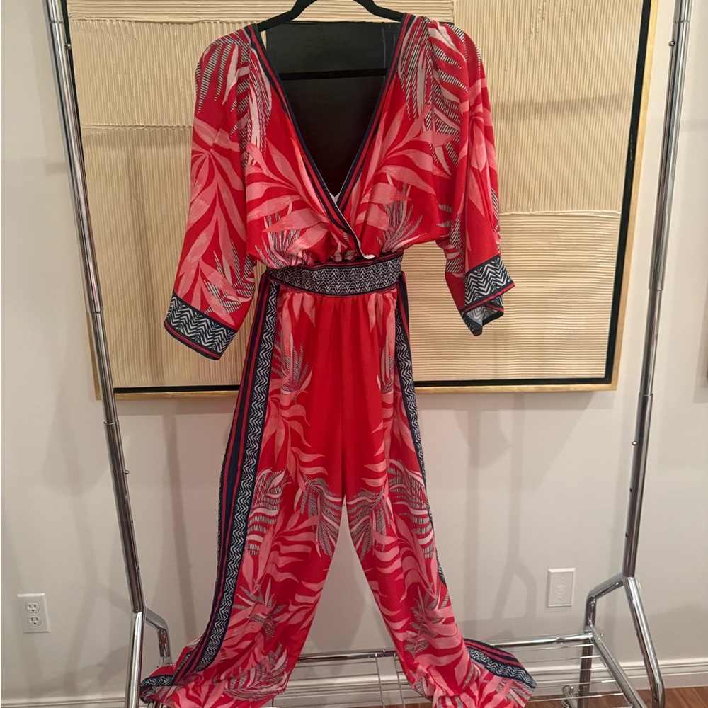 Jealous Tomato Red and Navy Kimono Look Patterned Jumpsuit